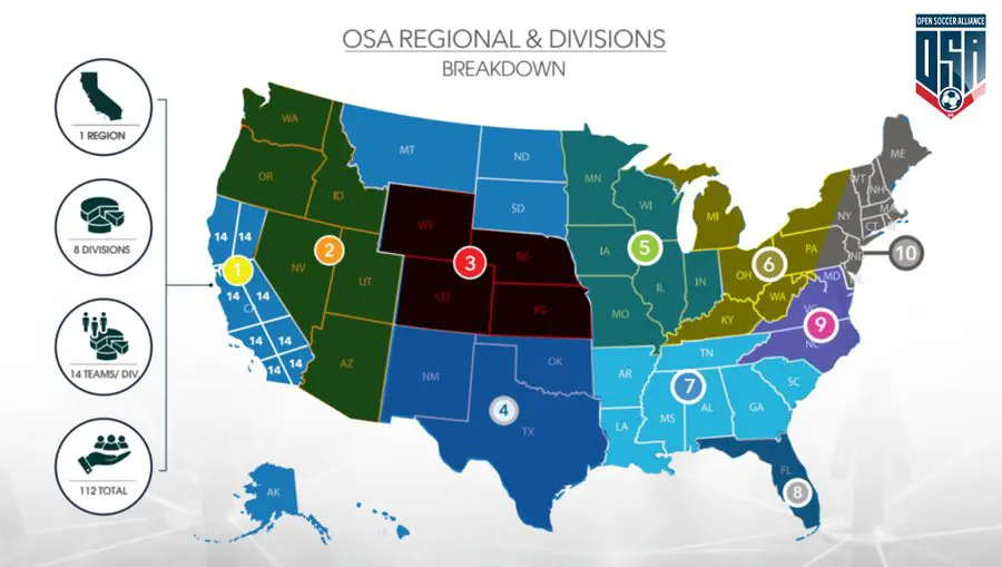 Map of OSA's regional and division breakdown across the United States, showing Region 1 in California and Nevada and nine future expansion regions